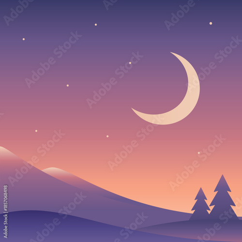 Minimalistic night landscape with mountains and moon in purple colors. Vector gradient illustration