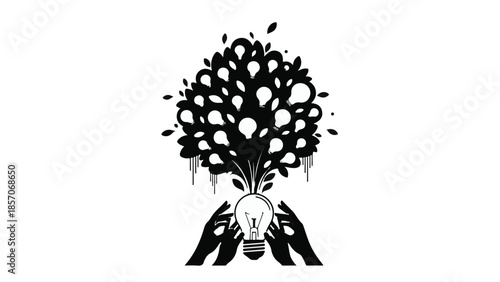 Creative idea generation with hands holding lightbulb and blooming tree