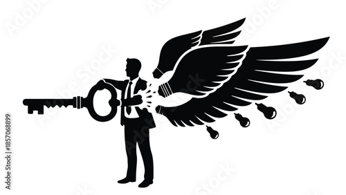 Silhouette of man unlocking creative freedom with winged key
