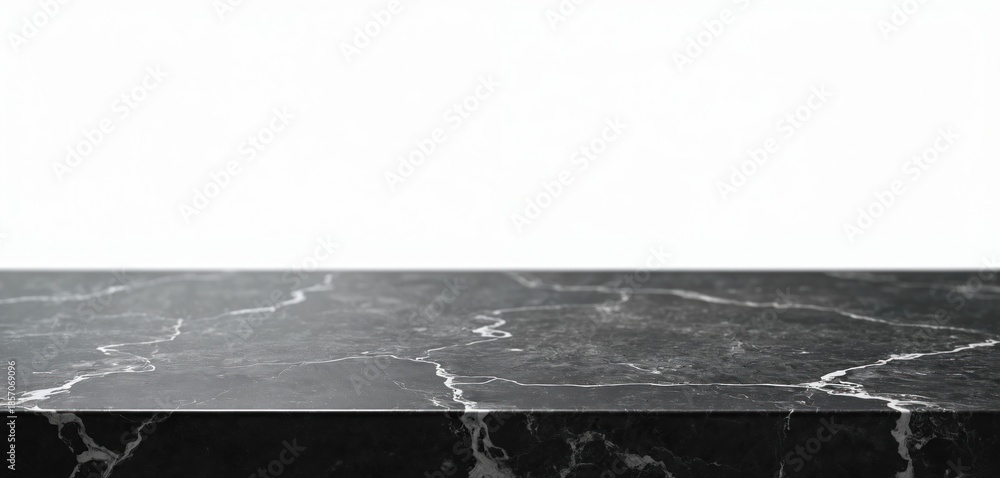 Fototapeta premium Dark veined marble tabletop surface on a white background. This polished stone provides a luxury space for product placement, design mockups, or food photography.