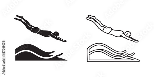 Man jump in water solid icon line and solid icon, summer sports concept. Vector graphics. Diver man jump in water waves sign on white background, style icon mobile or web design