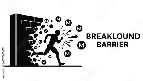 Silhouette of person breaking through brick wall with bursting money symbols