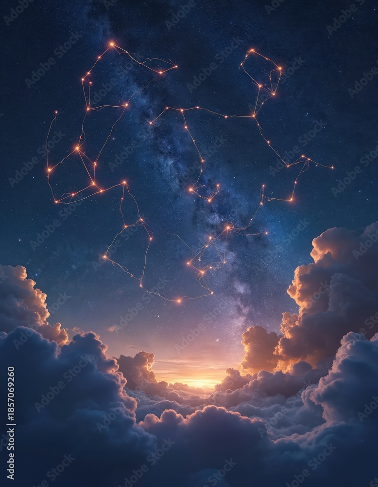Fototapeta premium Constellation in starry night sky above glowing clouds. Galactic nebula with bright stars and planet. Cosmic background with ethereal light.