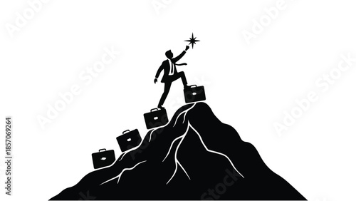 Businessman reaching for star on mountain with briefcases