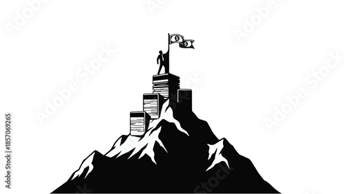 Person standing on mountain peak with flag and books