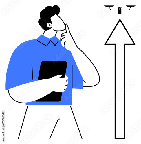 Technology use, innovation ideas, quadcopter applications, future planning, design thinking, inspiration. A man holding a tablet looks at a Quadcopter and an upward arrow. Technology use