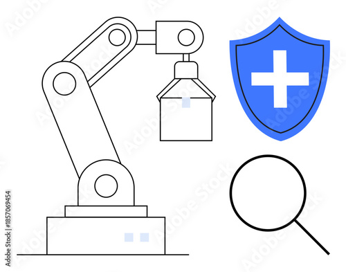 Healthcare automation, medical innovation, robotics, precision engineering, data security, technology advancement. Robotic arm, shield with cross and magnifying glass icon. Healthcare and medical