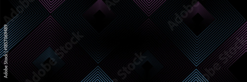 Abstract dark futuristic technology banner background. Glowing pink and blue arrow lines graphic design. Modern geometric lines pattern. Suit for cover, poster, banner, brochure, presentation, website