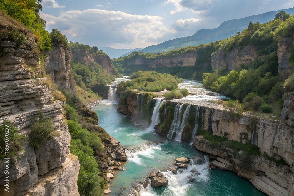 Fototapeta premium Osumi Canyon Albania wild nature landscape travel tourism destination adventure rafting river gorge cliffs outdoor vacation advertising promotion scenic exploration journey Europe Balkan wilderness