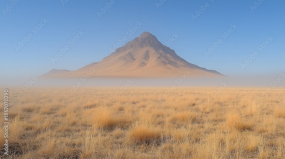 Obraz premium Beautiful and Solitary Mountain Landscape Emerging From Dry Desert Mist Illustrating the Dramatic Scale of Natural Geography