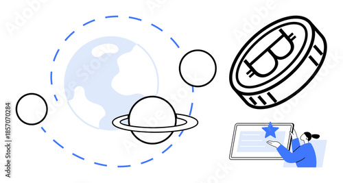 Cryptocurrency, blockchain, digital economy, space, global connectivity, and innovation. Illustration includes Earth, Saturn coin and user with a tablet. Cryptocurrency and blockchain