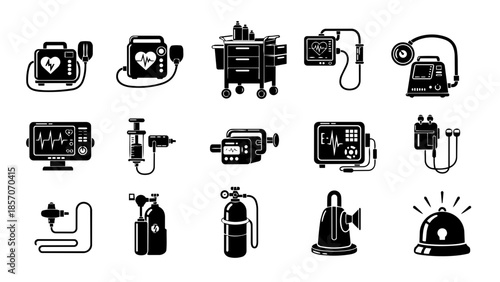 Versatile set of black and white medical equipment vector icons, illustrating essential healthcare devices and emergency tools for various design projects