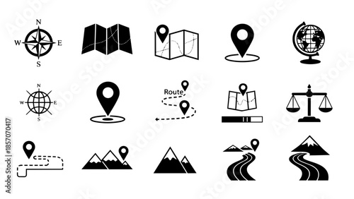 Set of vector icons representing navigation, travel, and location services