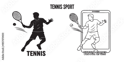 Athlete man with a racket and ball, tennis sport concept. Vector graphics. Tennis player, sportsman sign on white background, style icon mobile or web desig