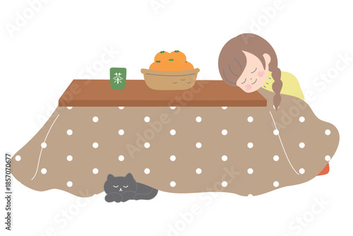 こたつで座ってうたた寝する女の子と猫　日本の冬のかわいいイラスト
