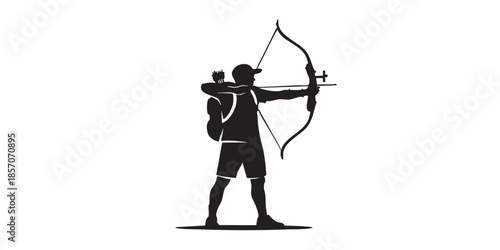 Athlete man with bow and backpack solid icon, archery sport concept. Vector graphics. Archer, sportsman sign on white background, style icon mobile or web design.