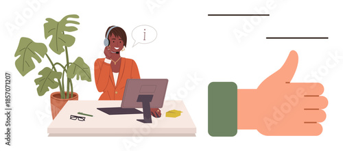 Woman at desk with headset providing support, large thumbs-up symbol representing approval. Ideal for customer service, business communication, feedback, teamwork, online help, productivity, simple