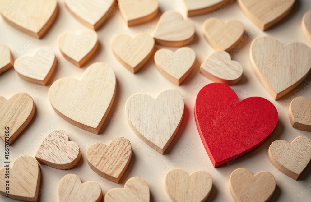Obraz premium Collection of light wood hearts arranged on a pale surface with one bright red heart prominent. Natural texture background for love, romance, and Valentine Day celebration concepts.