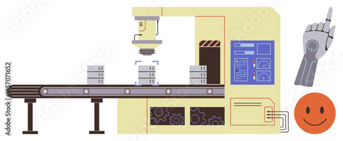 Factory robot placing objects on conveyor belt with control panel and icons. Ideal for automation, manufacturing, robotics, innovation, productivity, engineering, and industry 4.0 simple flat