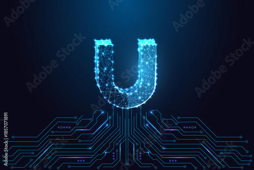 Digital neon magnet above circuit board in glowing low-poly futuristic tech style, vector
