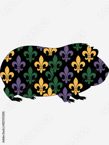 A silhouette of a guinea pig is filled with a repeating pattern of fleur-de-lis symbols