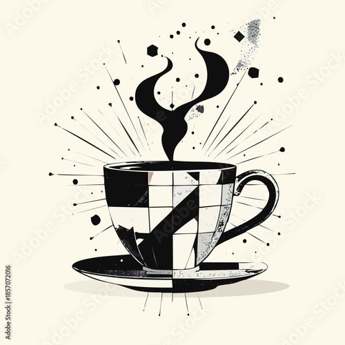 Stylized Black and White Coffee Cup with Steam.