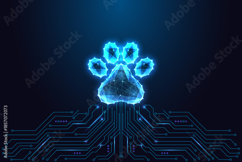 Futuristic digital paw print above circuit board in glowing low-poly neon style, vector