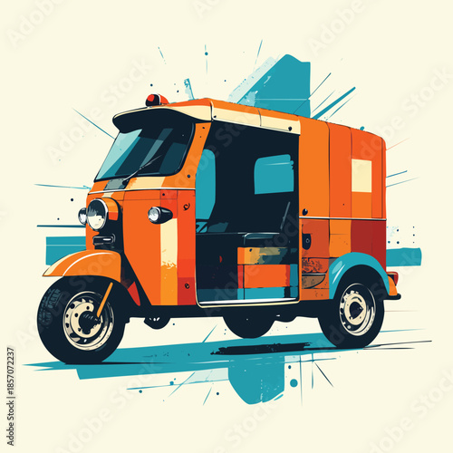 Vibrant Orange Auto Rickshaw Vehicle Illustration.