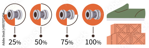 Sequential completion stages showing conveyor actions from raw material to finished product. Ideal for manufacturing, productivity, factory workflow, supply chain, logistics, production efficiency