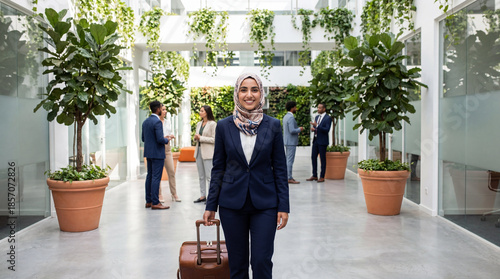 Business Traveler: A professional woman in a headscarf strides confidently through a modern office, carrying her luggage, amidst colleagues and lush greenery.