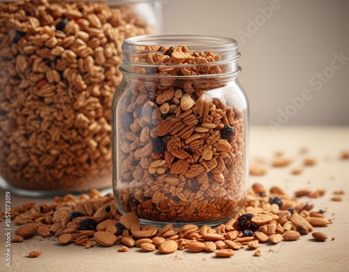 Crunchy granola in a jar with coconut, raisins, and almonds ,  coconut,  bowl,  breakfast