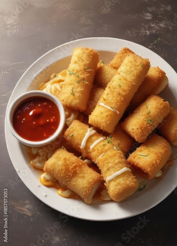 Crunchy mozzarella sticks with melted cheese stretching apart on a plate,  snack time,  snack ideas,  crispy