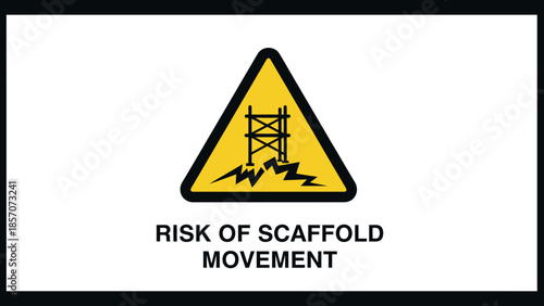Warning sign indicating risk of scaffold movement with a yellow triangle and black icon on an unstable surface.