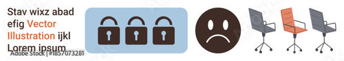Cybersecurity, emotional expression, workplace equipment, security systems, personal identity. Three locks, sad face, office chairs in a row. Cybersecurity and emotional expression concepts