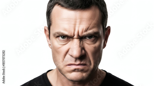 Close-up portrait of an angry man with furrowed brow and intense gaze