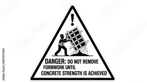 Warning sign showing a worker removing formwork prematurely, leading to collapse, with text 'DANGER: DO NOT REMOVE FORMWORK UNTIL CONCRETE STRENGTH IS ACHIEVED'.