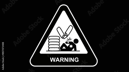 A white triangular warning sign on a black background depicting a person injured by falling heavy objects next to a stack.