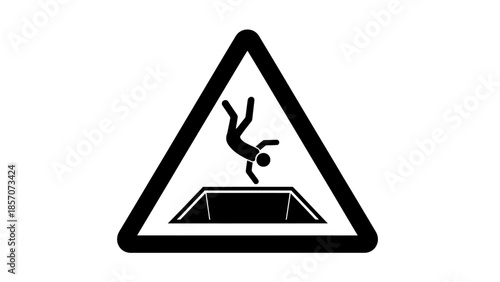 Warning sign depicting a person falling into an open pit, indicating danger of falling or excavation hazard.