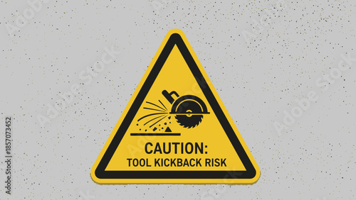 Yellow triangular warning sign with a black border, depicting a circular saw cutting material and sparks, accompanied by the text "CAUTION: TOOL KICKBACK RISK" on a light grey background.