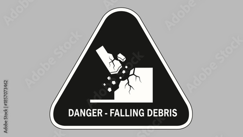 A black triangular warning sign with a white border and icon, indicating 'DANGER - FALLING DEBRIS' with rocks falling from a cracked edge.