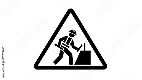 Black and white warning sign depicting a worker operating industrial machinery, indicating a hazard or work zone.