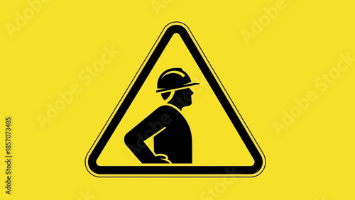 A black silhouette of a person wearing a hard hat inside a yellow warning triangle, indicating a construction or work zone hazard.