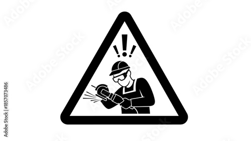 Warning sign depicting a worker using an angle grinder with sparks flying, emphasizing the need for safety gear and caution in industrial environments.
