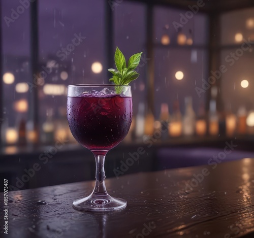 Dark purple cocktail glass on a bar with a rain-slicked exterior,  cocktail,  nighttime,  dark purple