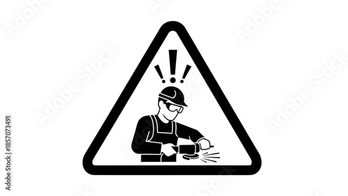 A warning sign depicting a worker using a grinder or cutting tool, generating sparks, emphasizing the need for safety gear and caution in industrial settings.