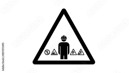 Black triangular warning sign with a silhouette of a worker surrounded by various hazard and personal protective equipment symbols.