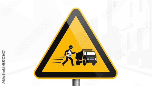 Yellow triangular warning sign depicting a worker running alongside a dump truck, indicating caution for construction zones or heavy machinery.