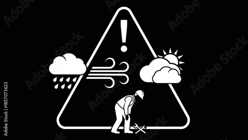 Warning sign depicting various weather conditions like rain, wind, and sun affecting outdoor work, emphasizing environmental hazards and worker safety.