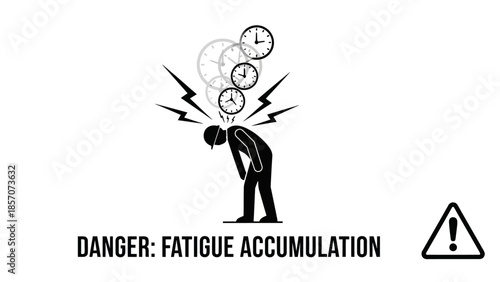 Black and white illustration depicting a person suffering from fatigue accumulation, with clocks and lightning bolts symbolizing stress and exhaustion.