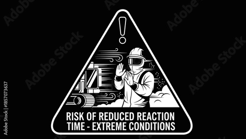 Warning sign illustration of a worker and heavy machinery in extreme windy conditions, highlighting risk of reduced reaction time.